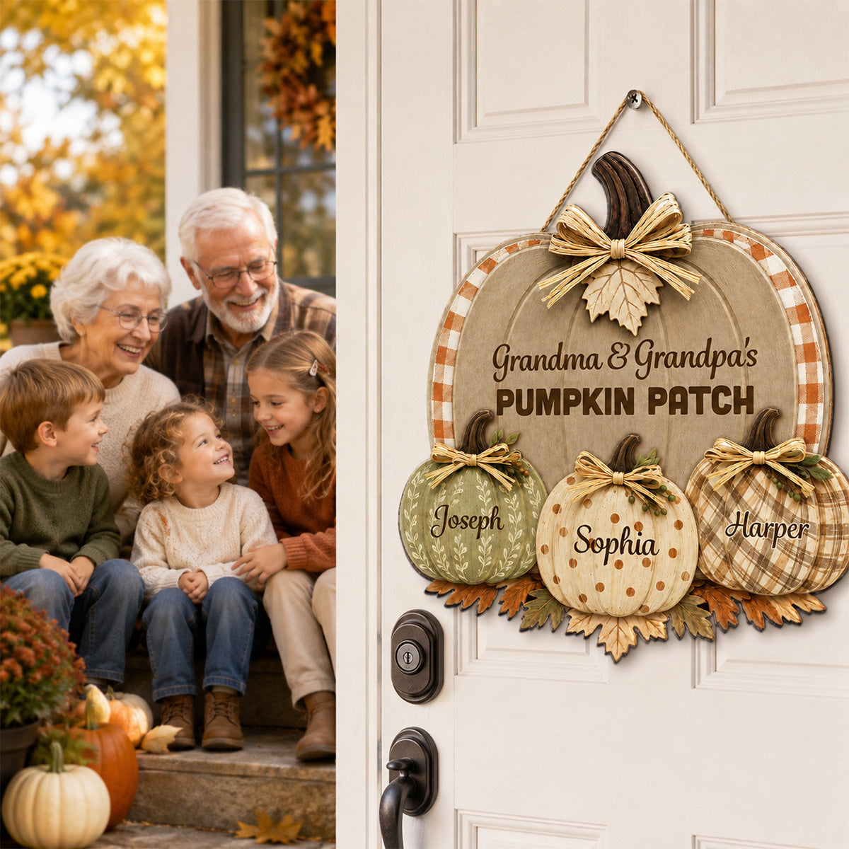 Grandma & Grandpa's Pumpkin Patch Polka Dot Leopard Plaid Pattern Pumpkins 2D Flat Printed - Personalized Door Hanger - Fall Season Decor For Grandparents
