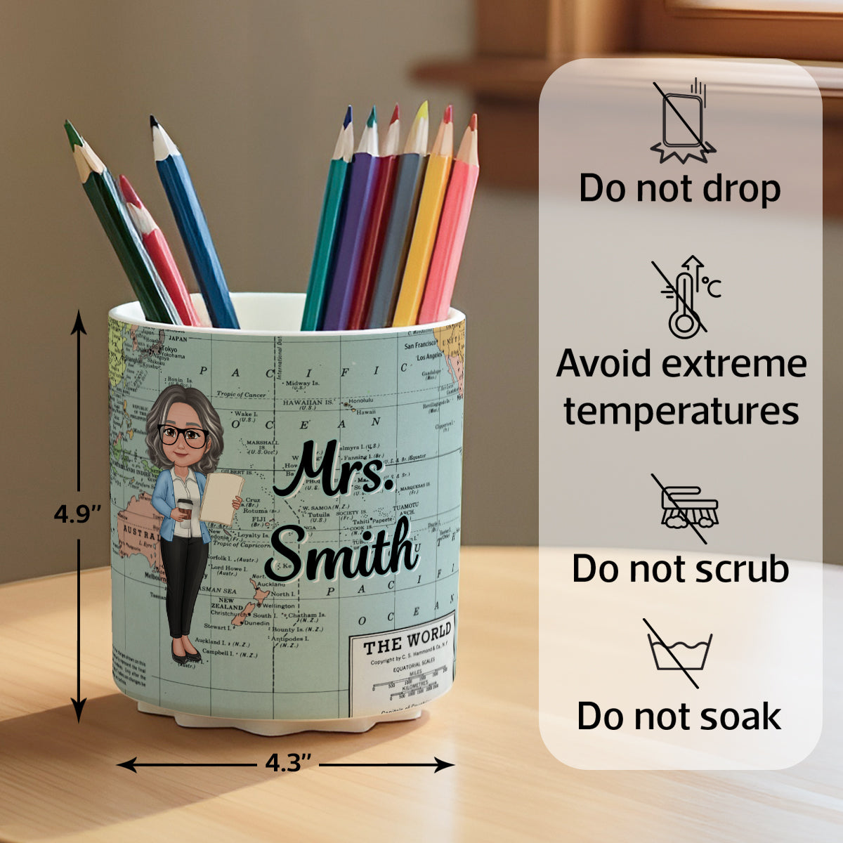 World Map Adventure Themed Doll Teacher Personalized Rotating Pen Holder