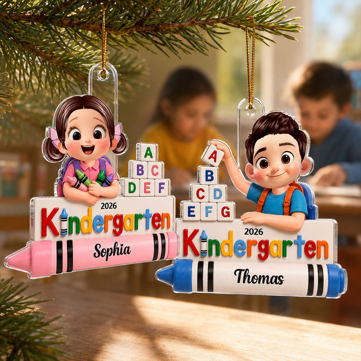 First Day of Kindergarten Boy Girl 2D Flat - Personalized Christmas Ornament - Back to School Keepsake for Kids