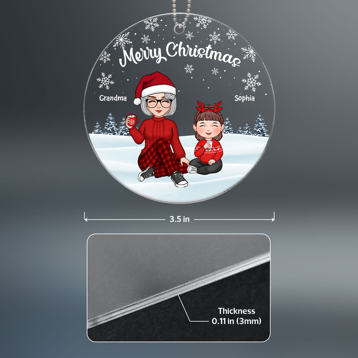Cute Grandma & Grandkids Sitting In Snow Personalized Acrylic Ornament