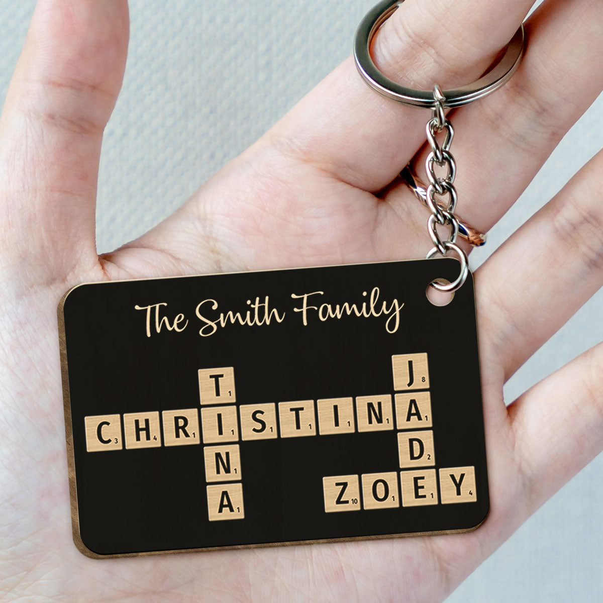 Family Forever Linked Together Crossword Puzzle Art Personalized Wooden Keychain, Christmas Gift For Brothers, Sisters, Siblings, Family