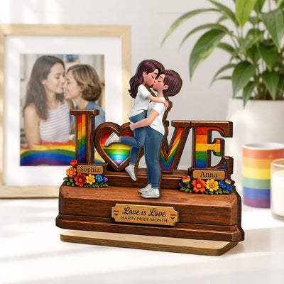 Rose Love LGBT+ Couple - Personalized 2-Layered Wooden Plaque - Gift For Couple, Happy Pride Month
