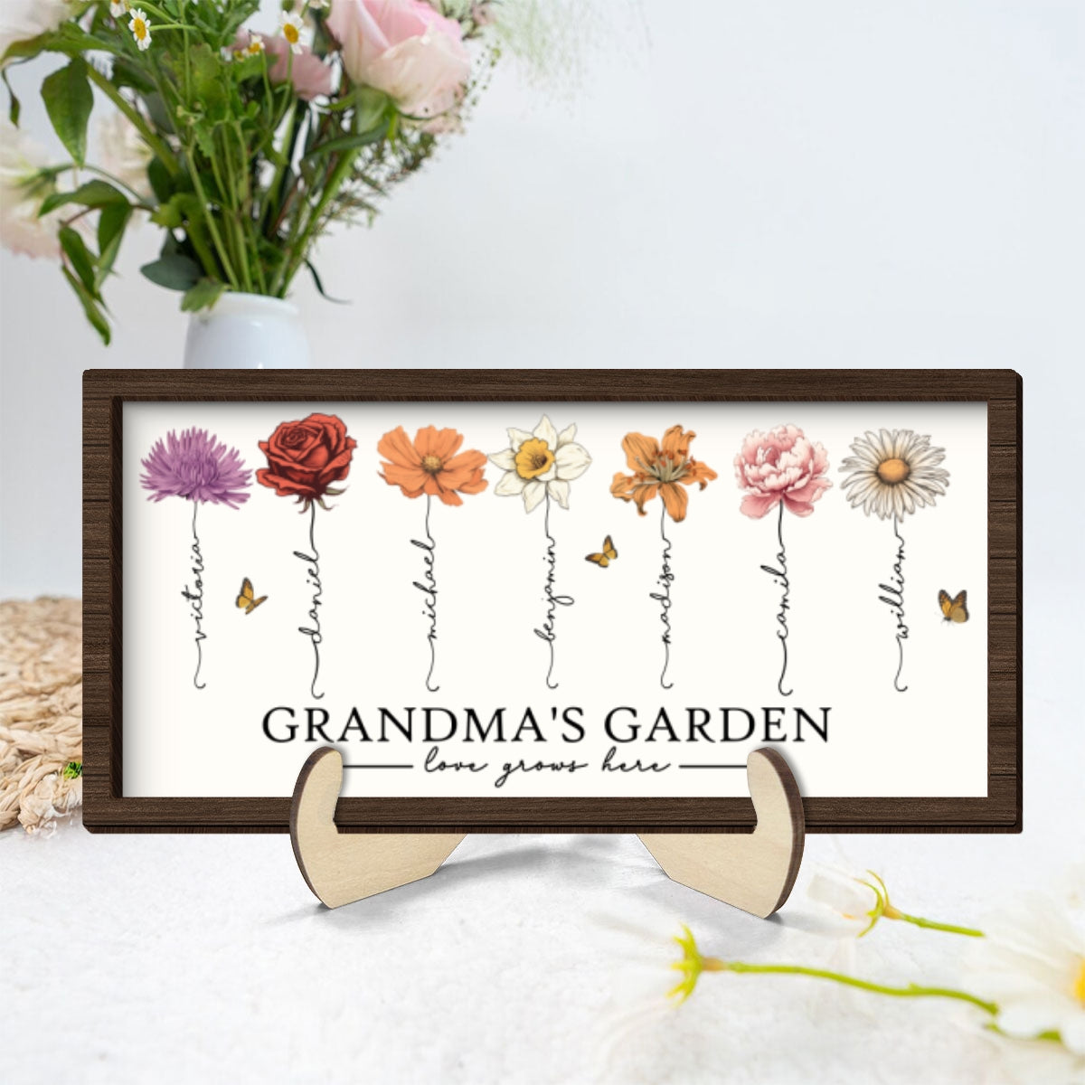 Love Grows Here Grandma's Garden Birth Month Flowers 2-Layer Wooden Plaque, Gift for Grandma, for Mom