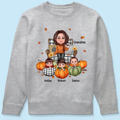 Grandma Sitting On Chair Kids Pumpkin Personalized Shirt, Fall Season Gift For Grandma