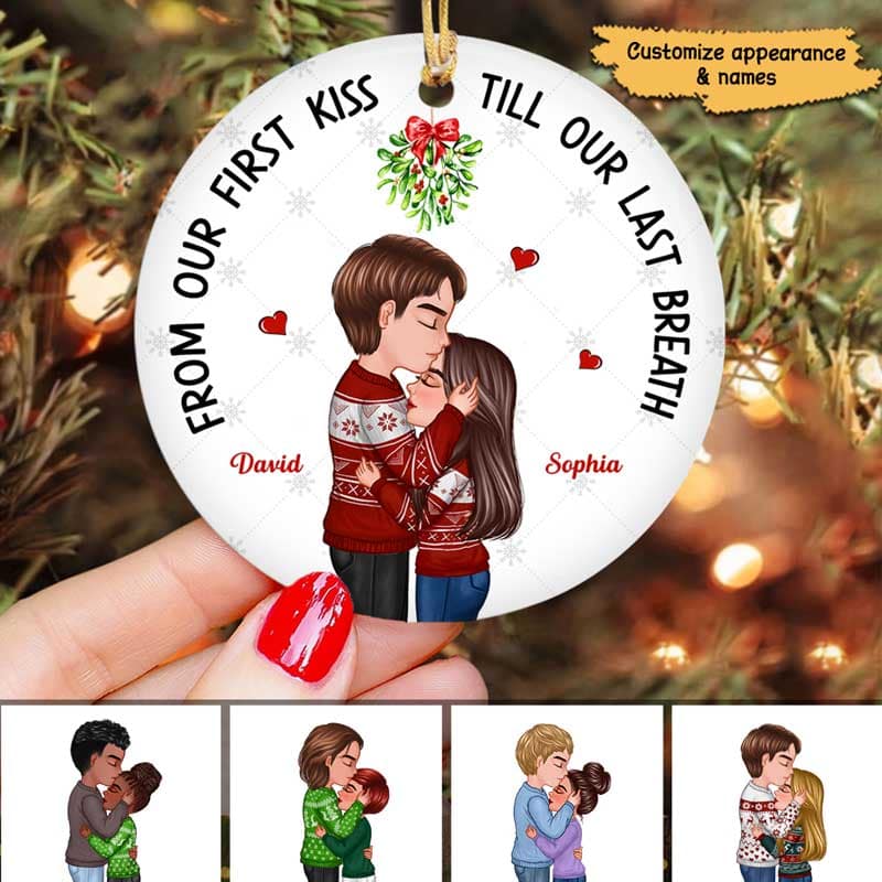Doll Couple Kissing Under Mistletoe Personalized Circle Ornament