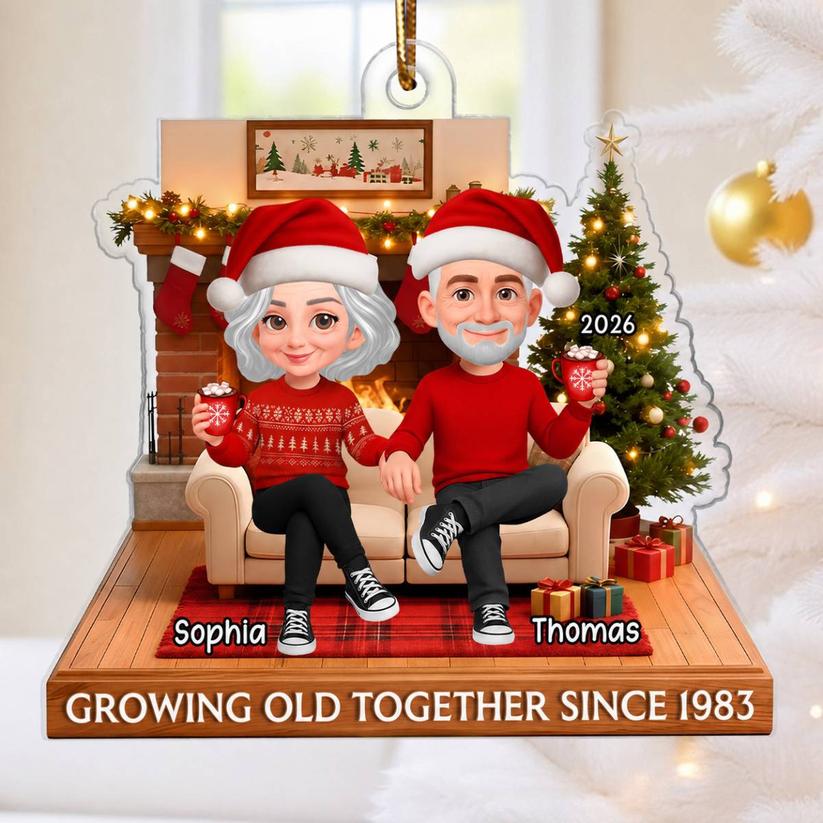 3D Effect Christmas Couple Cozy Christmas - Personalized Acrylic Ornament - Heartfelt Gift For Couple