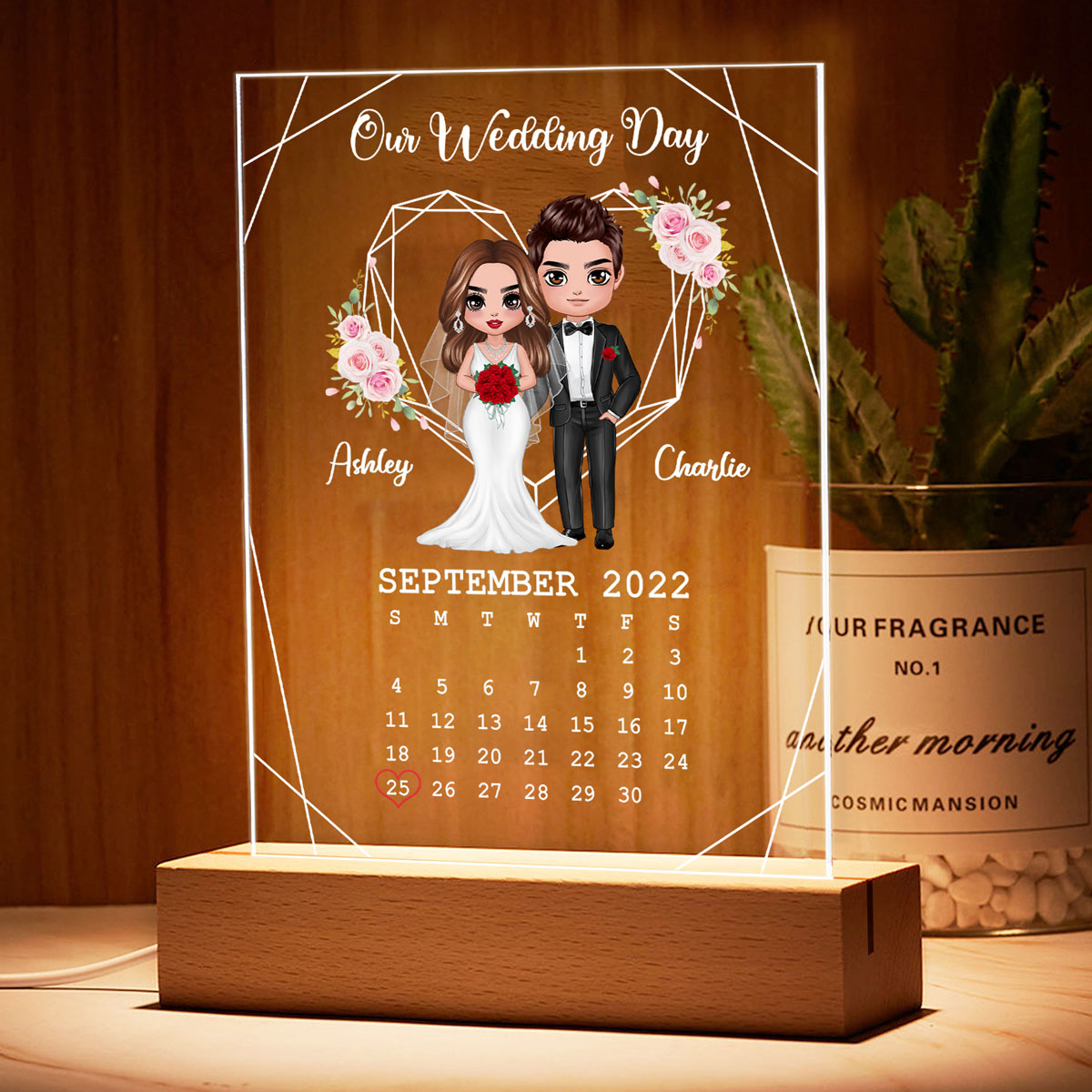 Doll Groom And Bride Personalized Acrylic Plaque LED Night Light - Wedding Anniversary Gift For Couple - Gift For Him - Gift For Her
