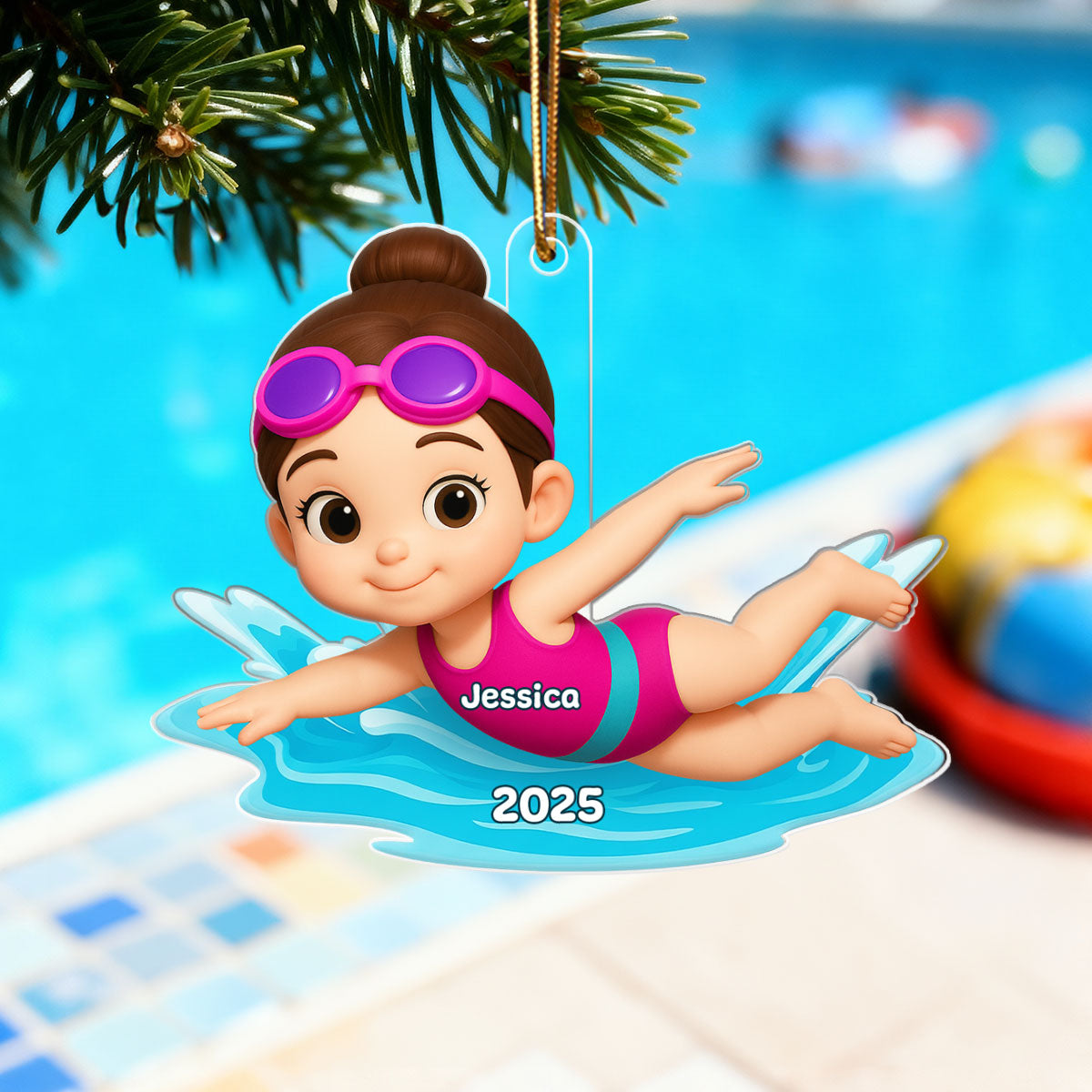 Swimming Boy Girl 3D Effect - Personalized Acrylic Ornament - Christmas Gift for Son Daughter Grandson Granddaughter