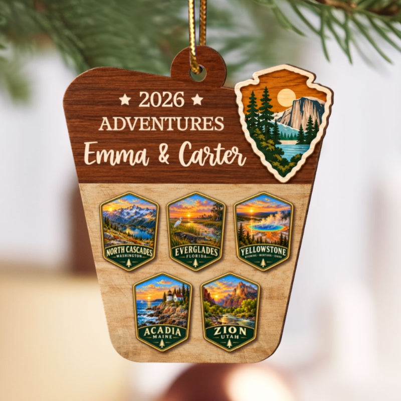 Custom National Parks Adventures - Personalized Wooden Ornament - National Parks Adventure Lovers, National Park Trip Keepsake, Couple Traveling Christmas Gift