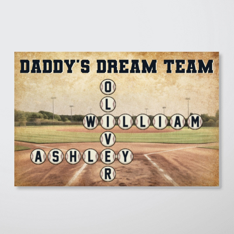 Baseball Daddy's Team Crossword Puzzle Art Personalized Poster