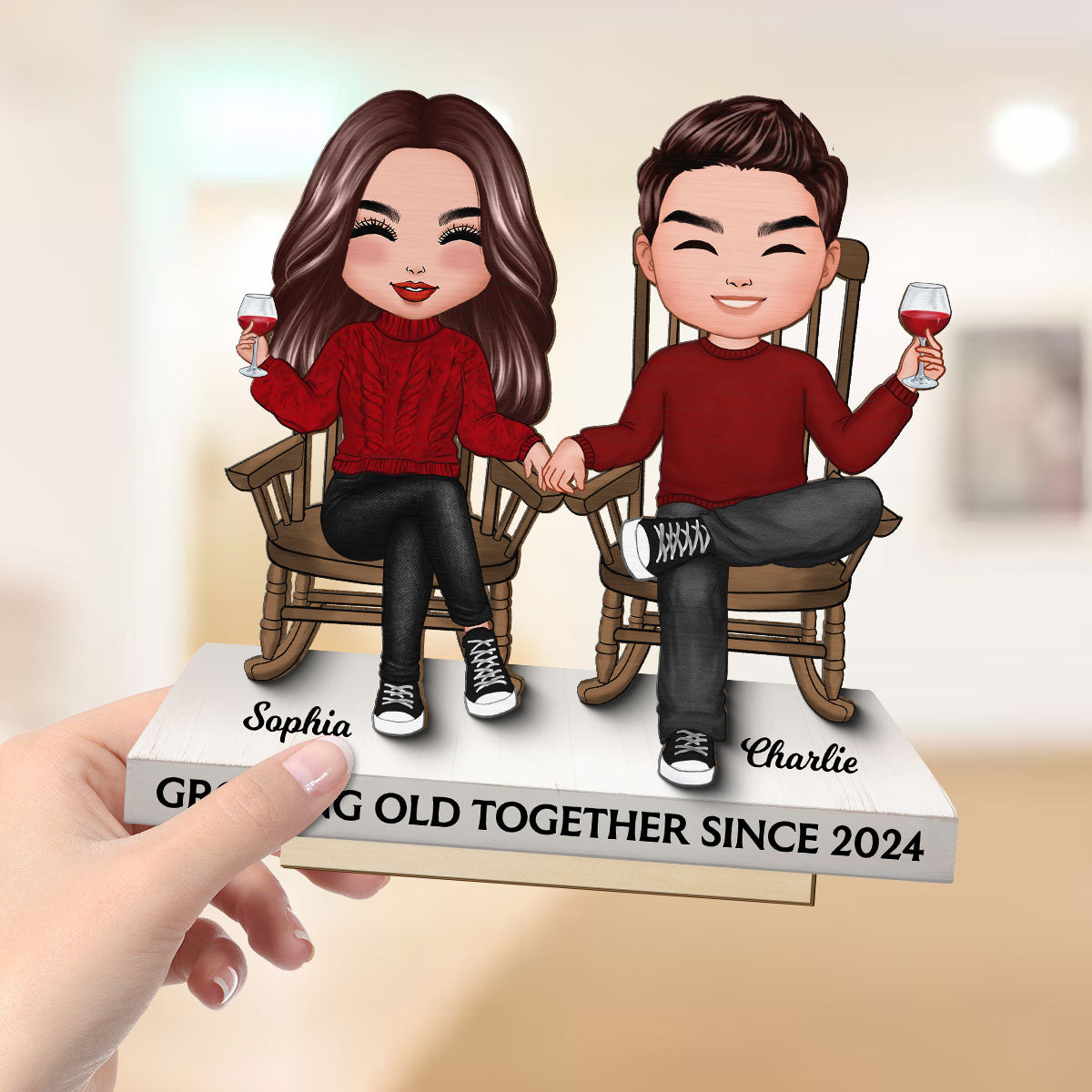 Couple Sitting On Rocking Chairs Personalized 2-Layer Standing Wooden Plaque, Heartfelt Gift For Couple, For Him, For Her, Husband, Wife