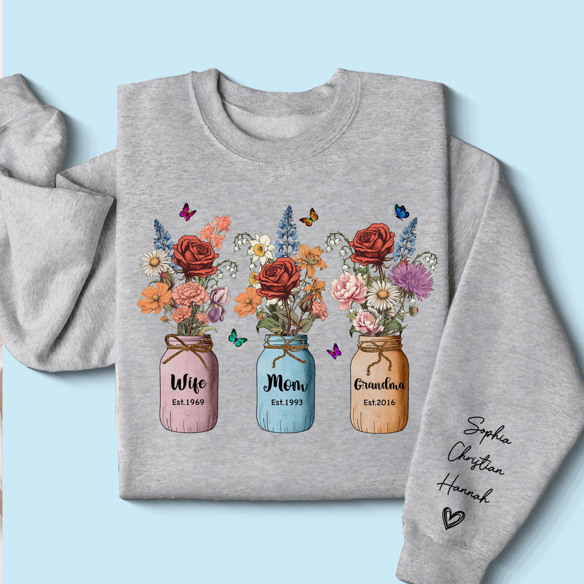 Wife Mom Grandma Vintage Birth Month Flowers Personalized Sleeve Printed Sweatshirt