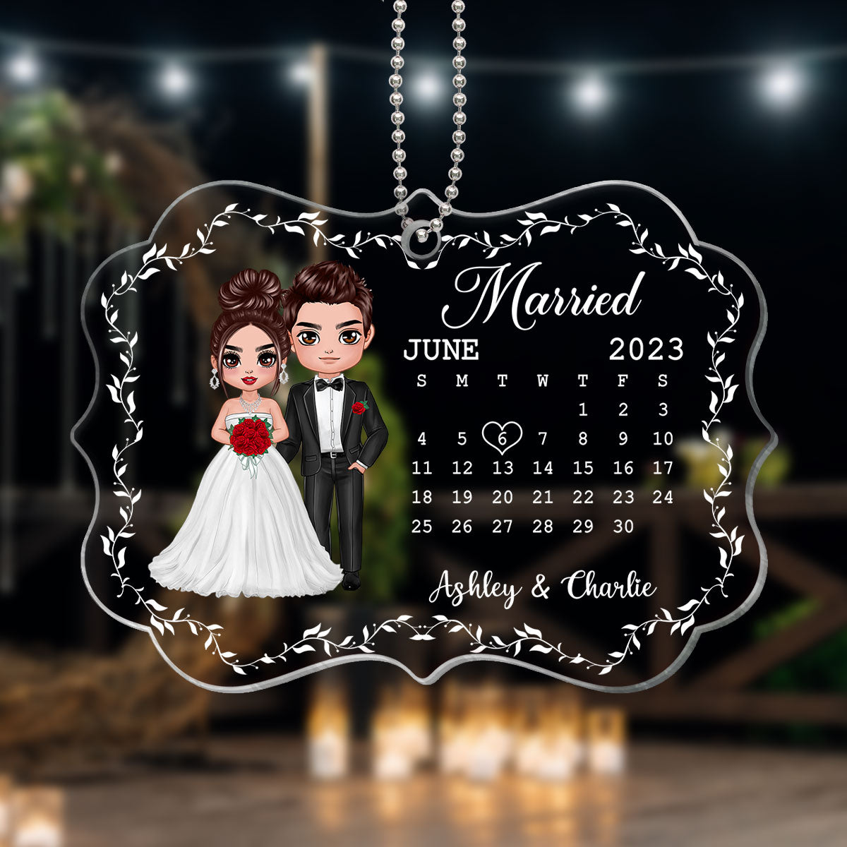 Doll Couple Married Wedding Keepsake Date Calendar Anniversary Newlywed Gift Personalized Acrylic Ornament