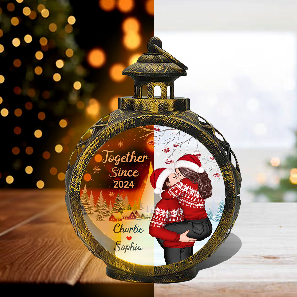 Couple Hugging Kissing Personalized Lantern Ornament, Christmas Gift For Him, For Her