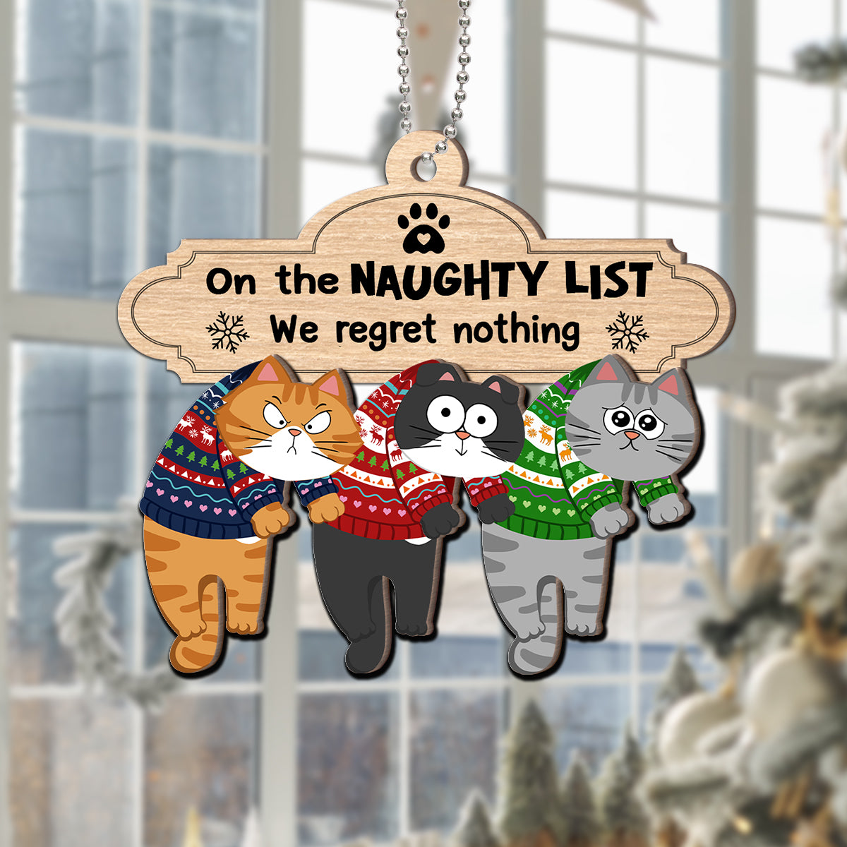Christmas Naughty Cats Hanging On Mantel Personalized 2-Layer Wooden Ornament, Gift For Cat Lovers