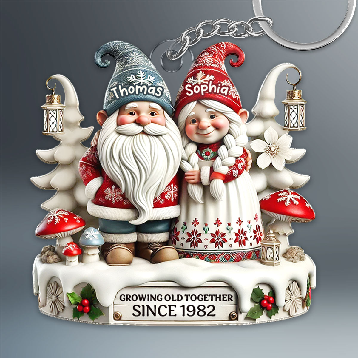 3D Effect Gnome Couple Together Personalized Acrylic Keychain, Gift For Him, For Her, Husband, Wife