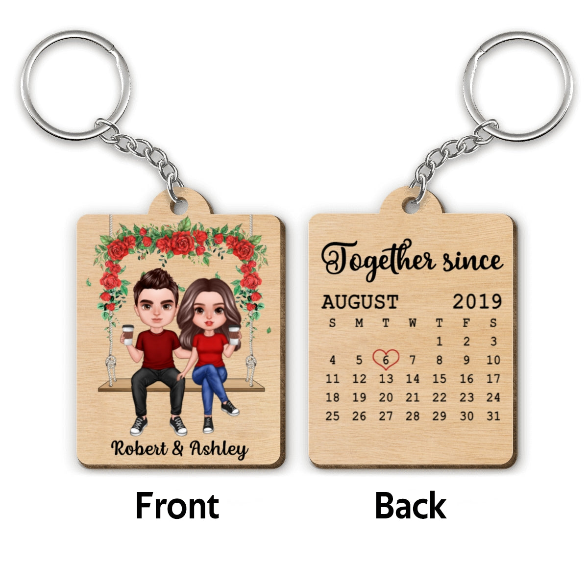 Doll Couple Sitting On Swing Calendar Personalized Wooden Keychain