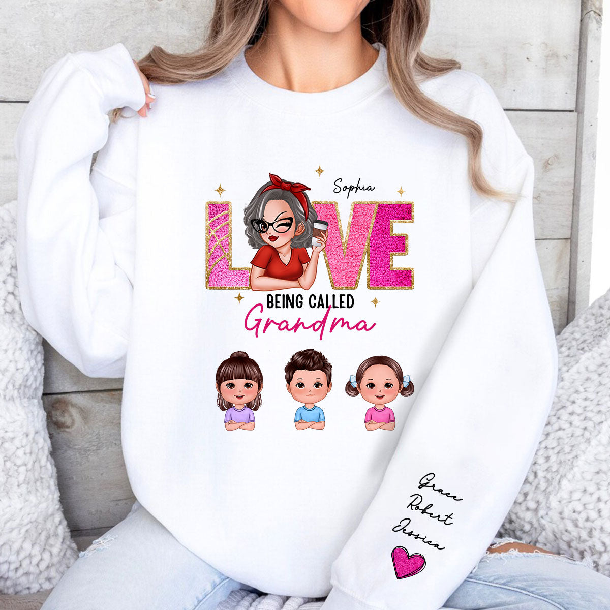 Love Being Called Grandma Glitter Texture Personalized Sleeve Printed Sweatshirt