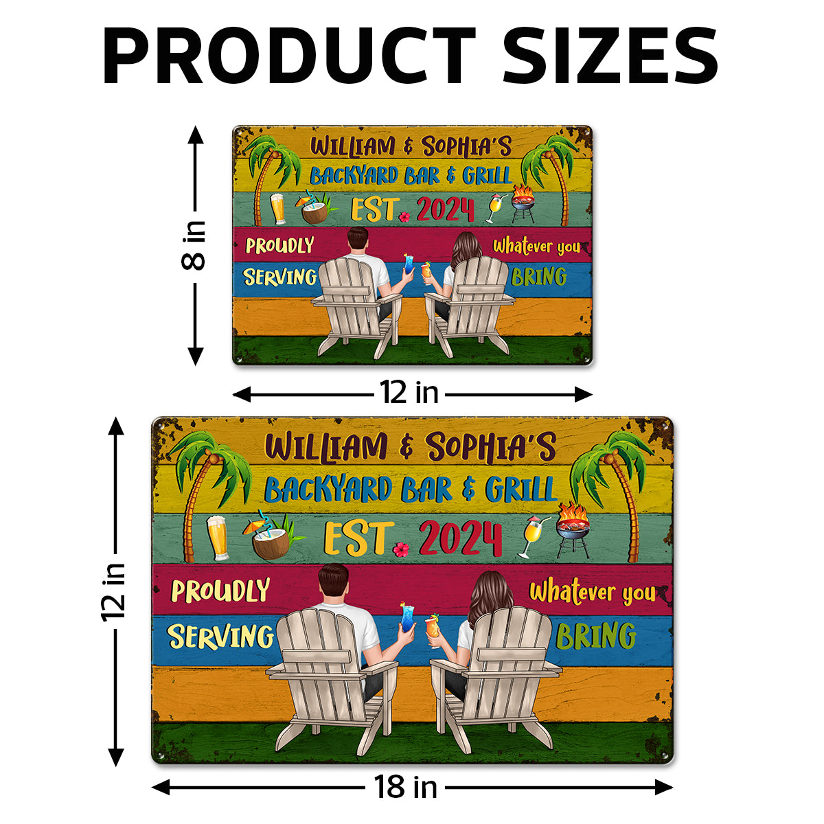 Welcome To Backyard Bar & Grill Back View Couple Personalized Metal Sign