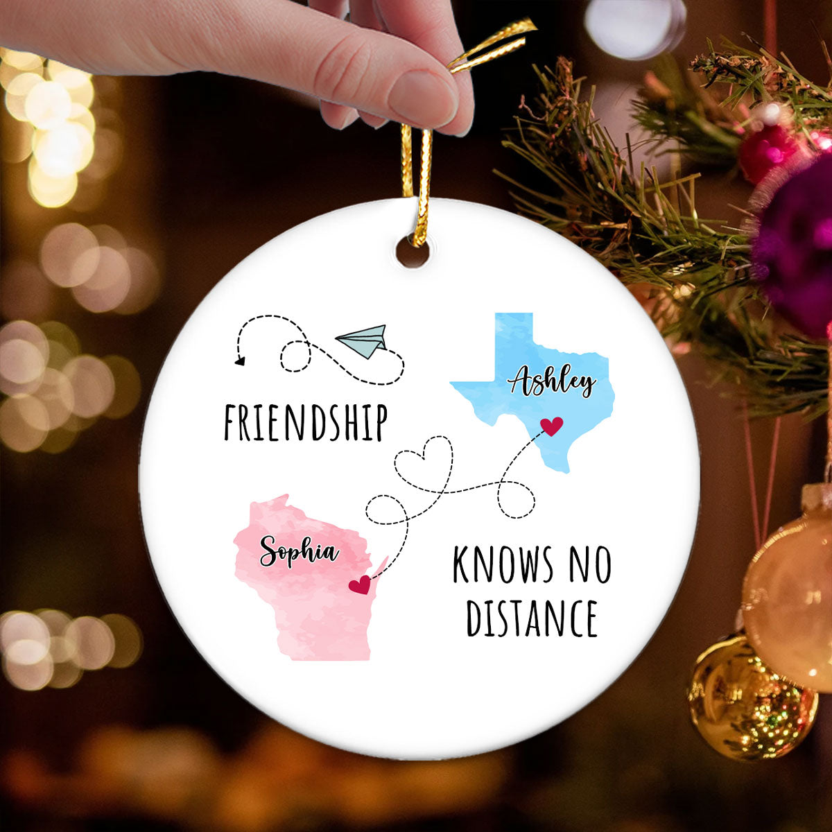 Friendship Sisters Family Love Knows No Distance Personalized Circle Ceramic Ornament, Long Distance State To State Togetherness Gift