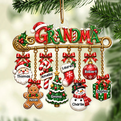 Grandma Safety Pin Christmas Charm - Personalized Acrylic Ornament - Trendy Christmas Gift for Grandma