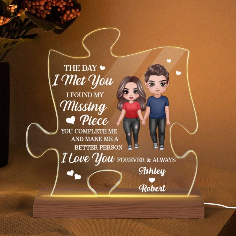 Doll Couple Standing You‘re The Missing Piece Personalized Puzzle Shaped Acrylic Plaque With LED Night Light - Gift For Him - Gift For Her