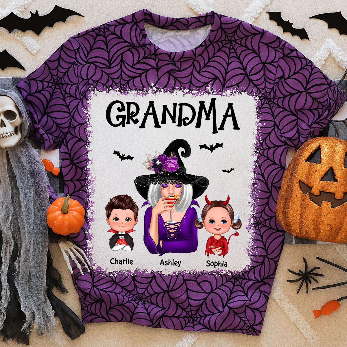 Halloween Spider Web Witch Grandma Personalized 3D Shirt