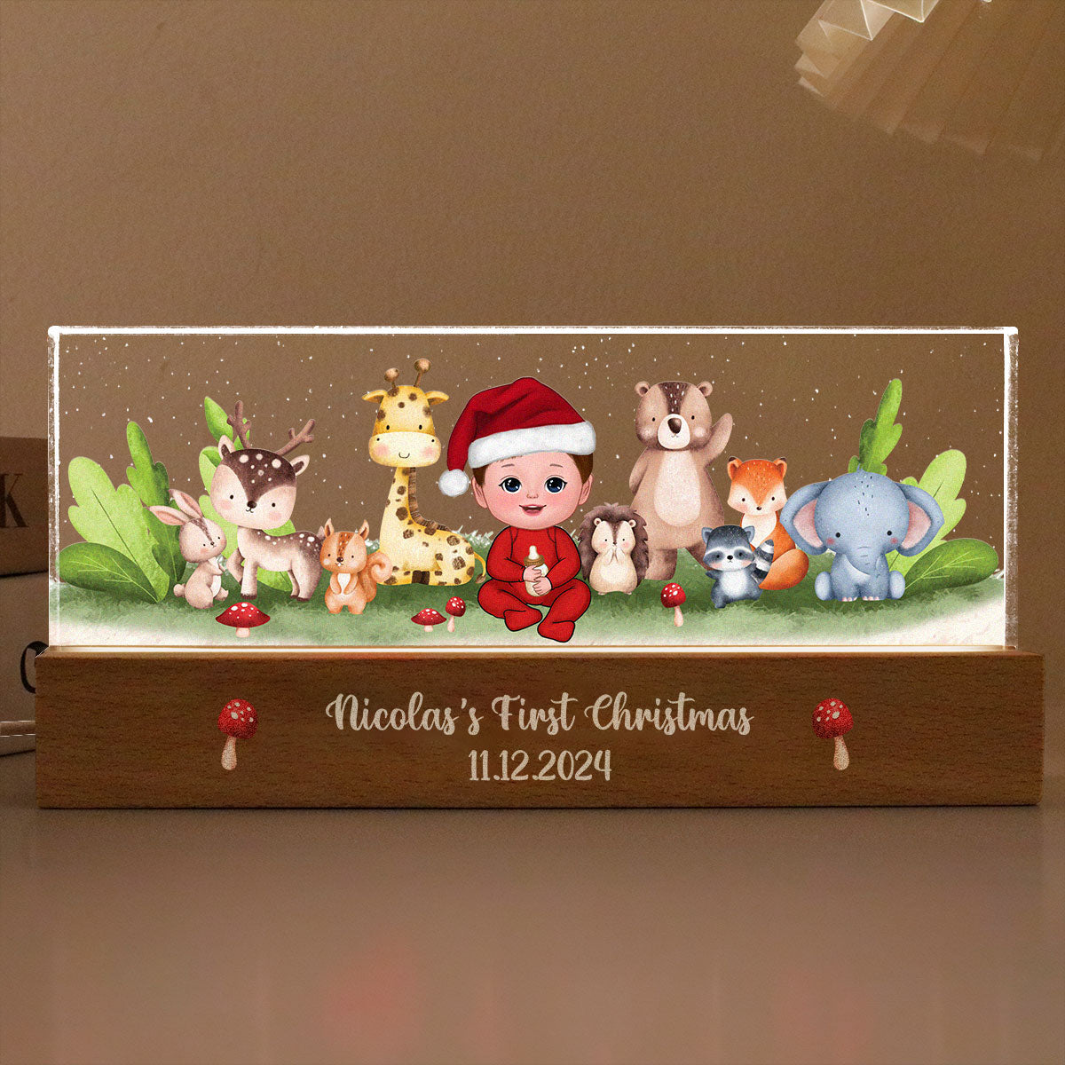 Woodland Animals Baby Christmas Personalized Acrylic Block LED Night Light