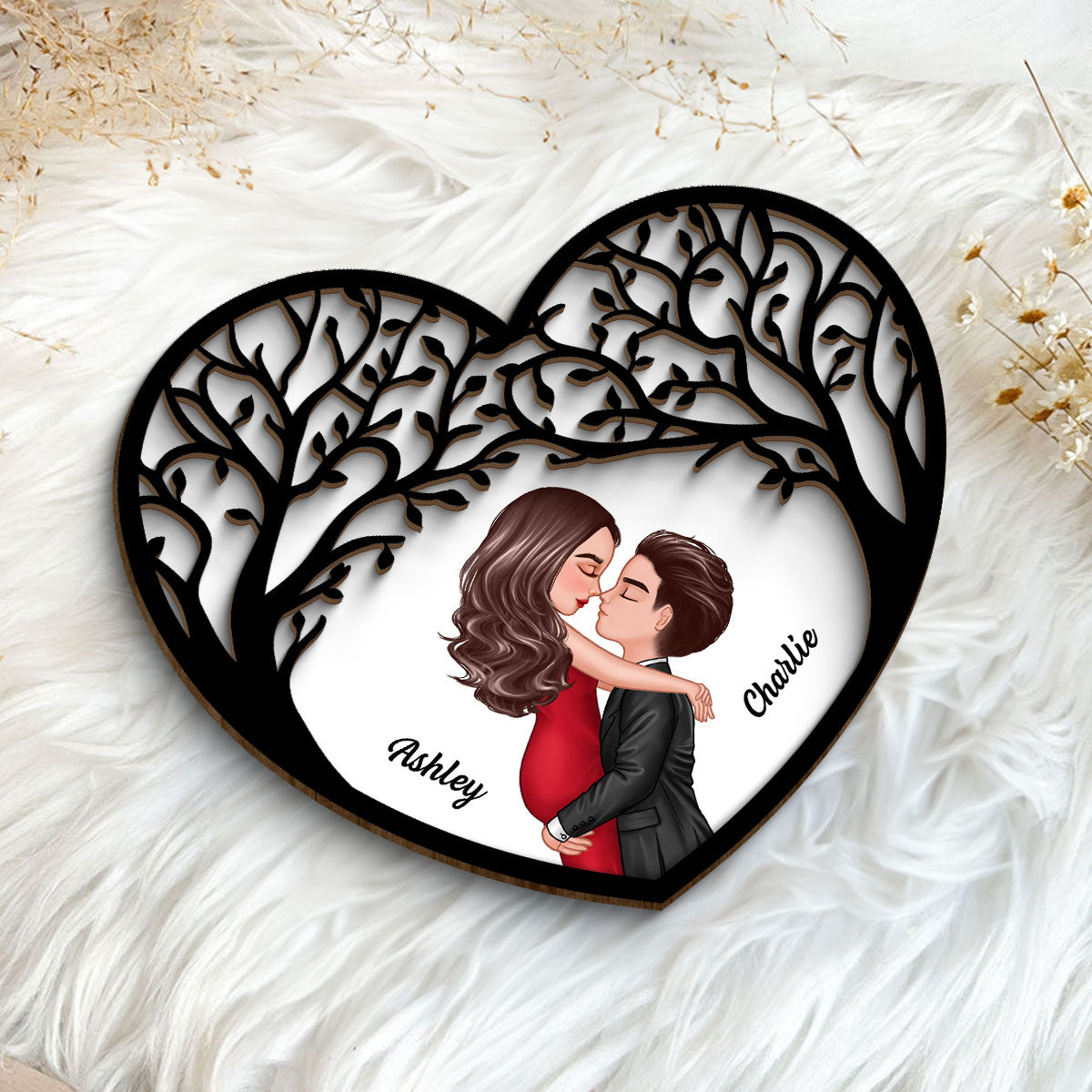 Couple Kissing Under Tree Canopy Heart Personalized 2-layer Wooden Plaque, Gift For Him, For Her