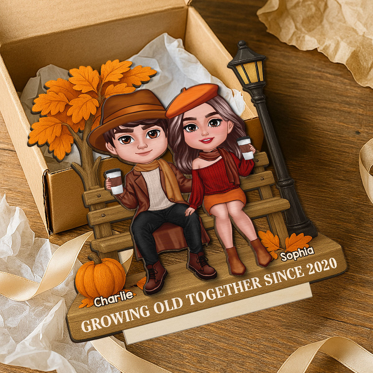 3D Effect Fall Season Couple Sitting On The Bench Personalized 2-Layer Standing Wooden Plaque