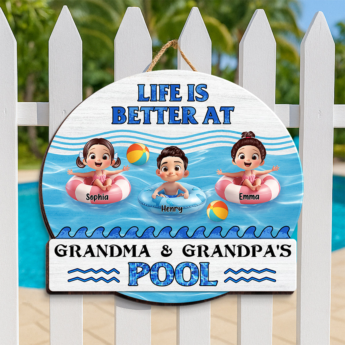 Life is Better at Grandma & Grandpa Pool Personalized Wooden Door Sign, Grandchildren Welcome Sign