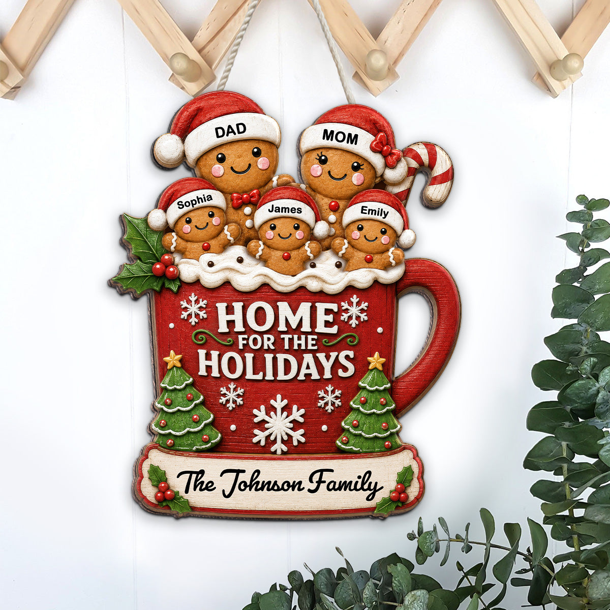 Gingerbread Family In Hot Cocoa 2D Flat - Personalized Wood Sign - Christmas Decor For Family