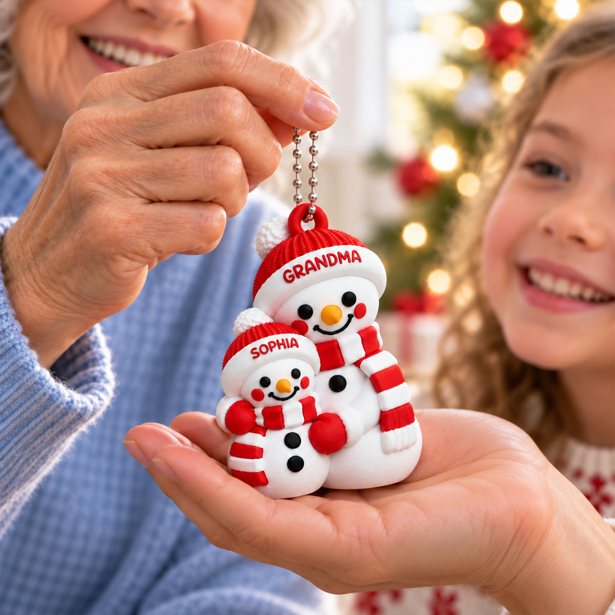 Heartwarming Grandma Hugging Grandkid Snowman - Personalized 3D Printed Ornament - Christmas Gift For Kids, Son, Grandson, Daughter, Granddaughter
