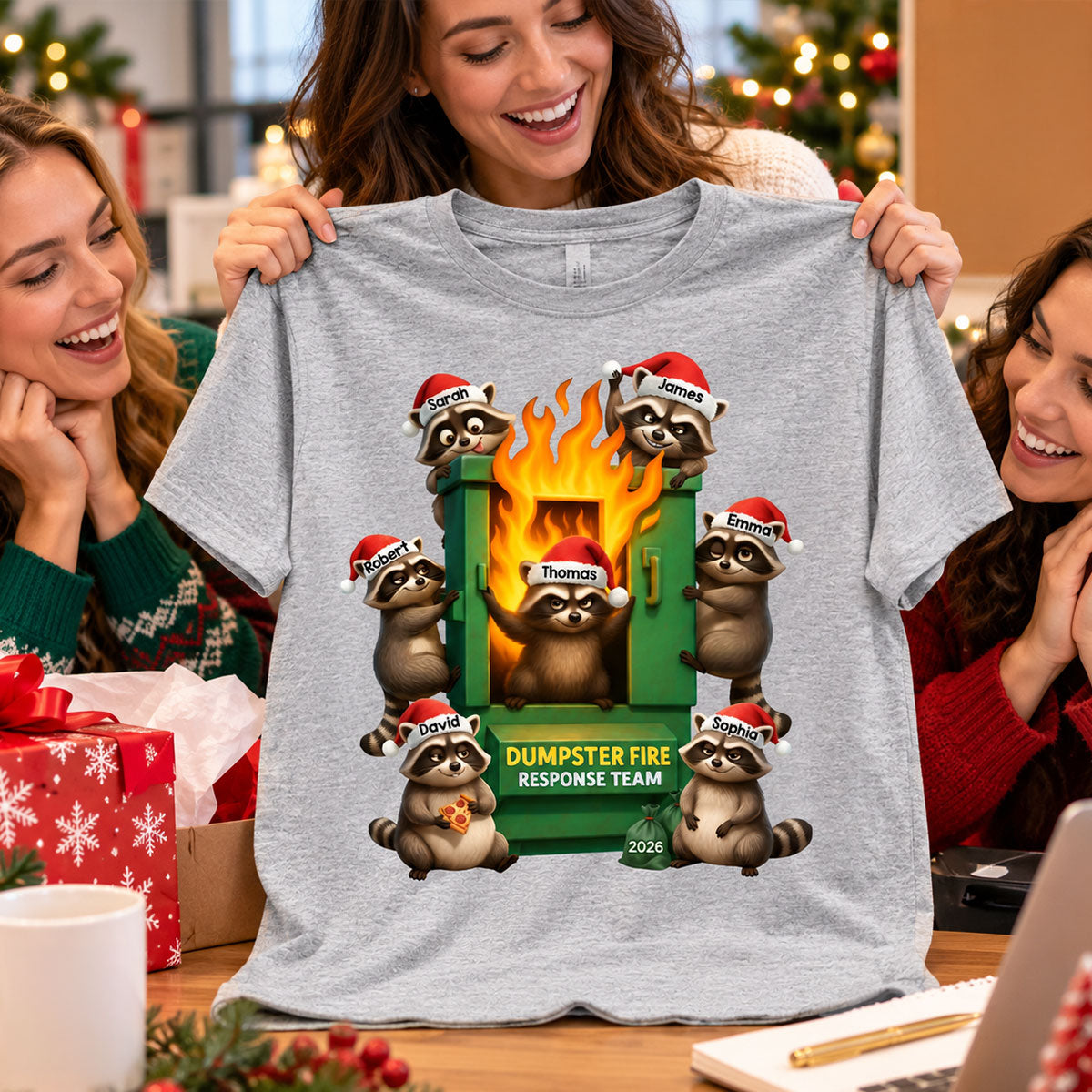 Cunning Raccoon Office Chaos Dumpster Fire Response Team - Personalized Shirt - Funny Holiday Gift for Coworkers
