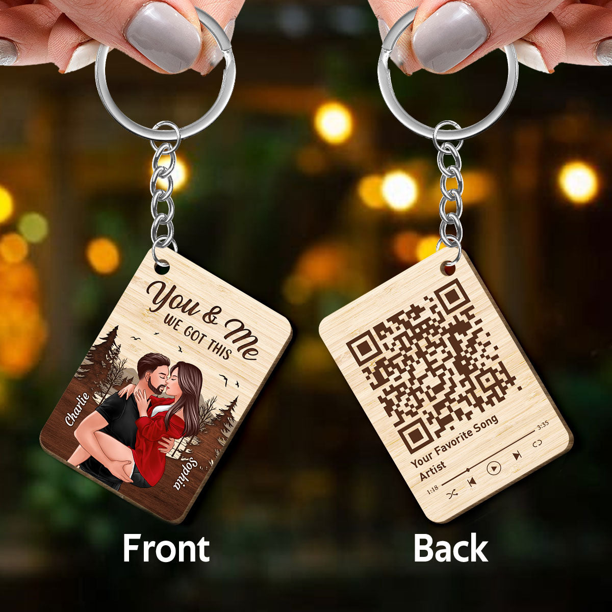 Together Since Man Holding Woman Kissing Favorite Song QR Code Personalized Wooden Keychain
