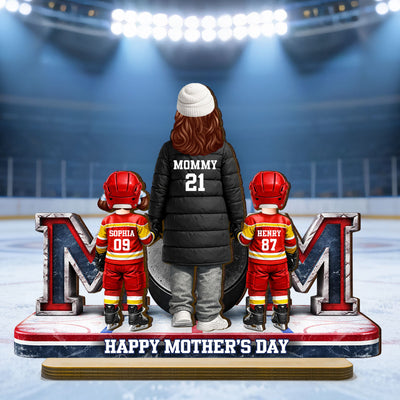 Hockey Mom And Kids Together - Personalized 2-Layered Wooden Plaque - Mother's Day Gift For Hockey Mom, Gift For Wife