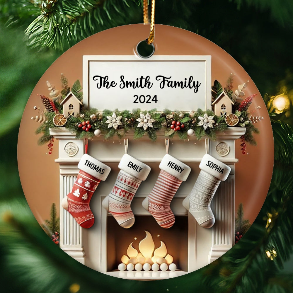 Merry Christmas Festive Fireplace Family Christmas Stockings On Mantel 3D Effect Personalized Ceramic Ornament