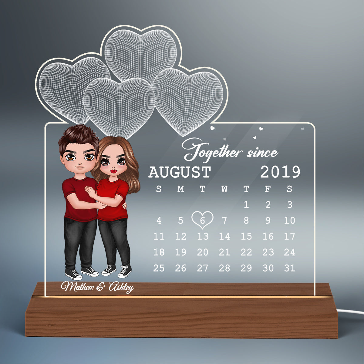 Doll Couple Hugging Under 3D Heart Anniversary Date Calendar Personalized Custom Shape Acrylic Plaque With LED Night Light - Anniversary Gift For Couple - Gift For Him Gift For Her