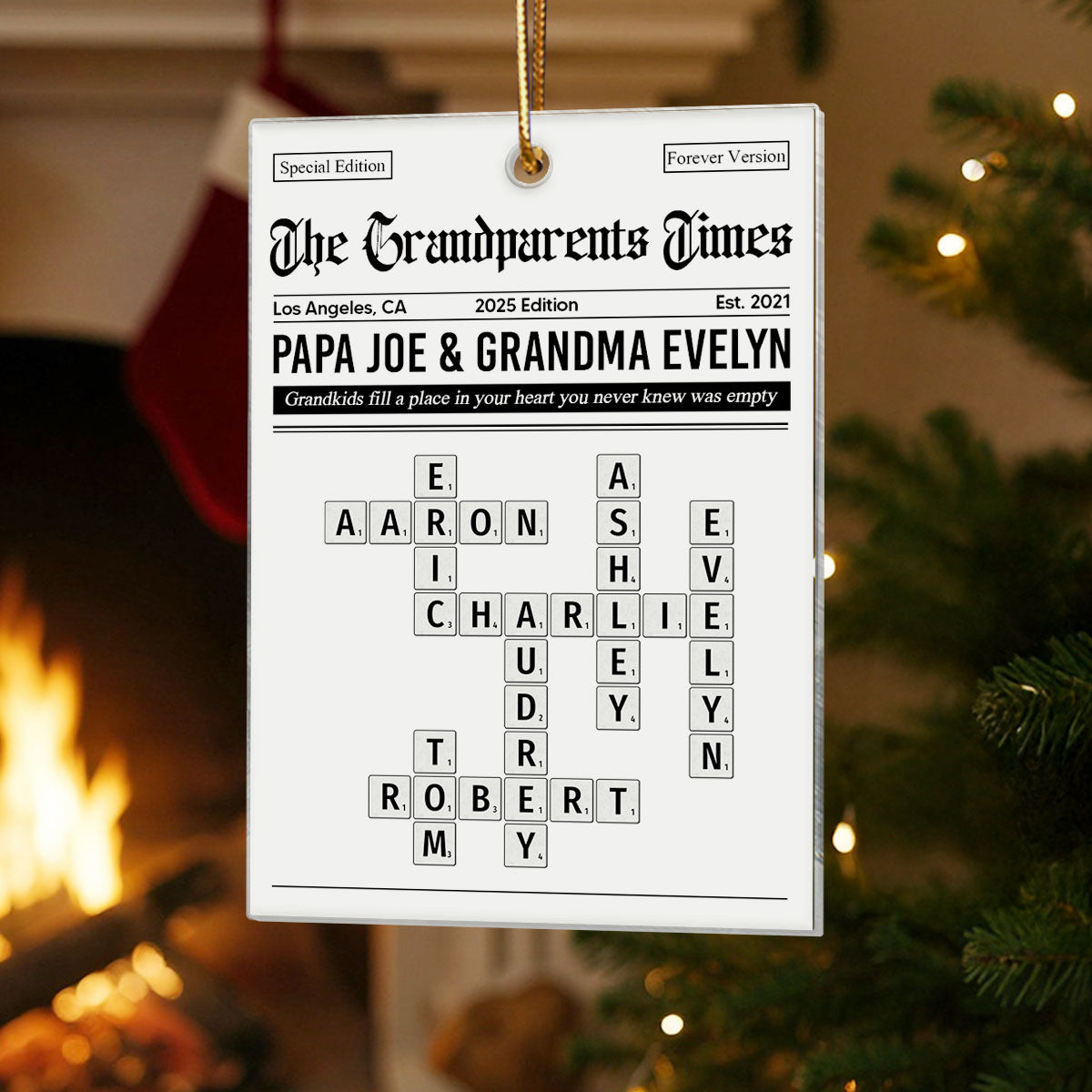 The Grandparents Times Crossword Puzzle Newspaper Style - Personalized Acrylic Ornament - Christmas Keepsake Gift For Grandparents