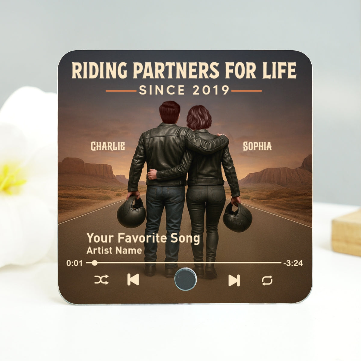 3D Effect Custom Figure Couple Bikers Riding Partners For Life Personalized Music Fridge Magnet