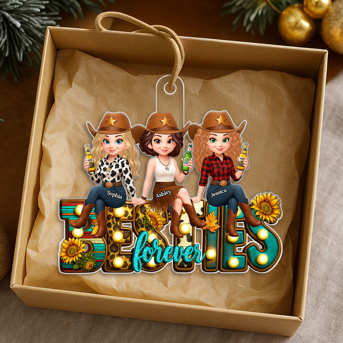 Western Besties Sitting Personalized Acrylic Ornament, Fall Gift for Best Friends