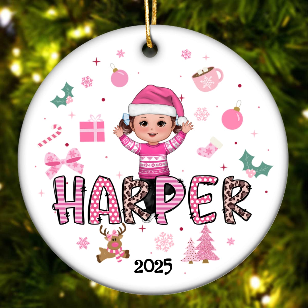 Pink Theme Cute Doll Girl Name Christmas - Personalized Ceramic Ornament - Gift For Daughter, Granddaughter