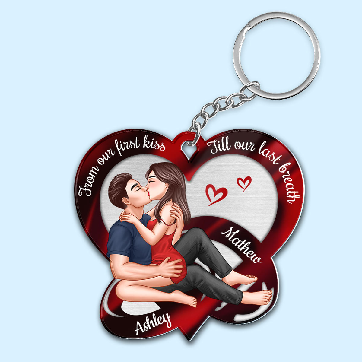 Sexy Couple Kissing Red Heart Rings Personalized Acrylic Keychain