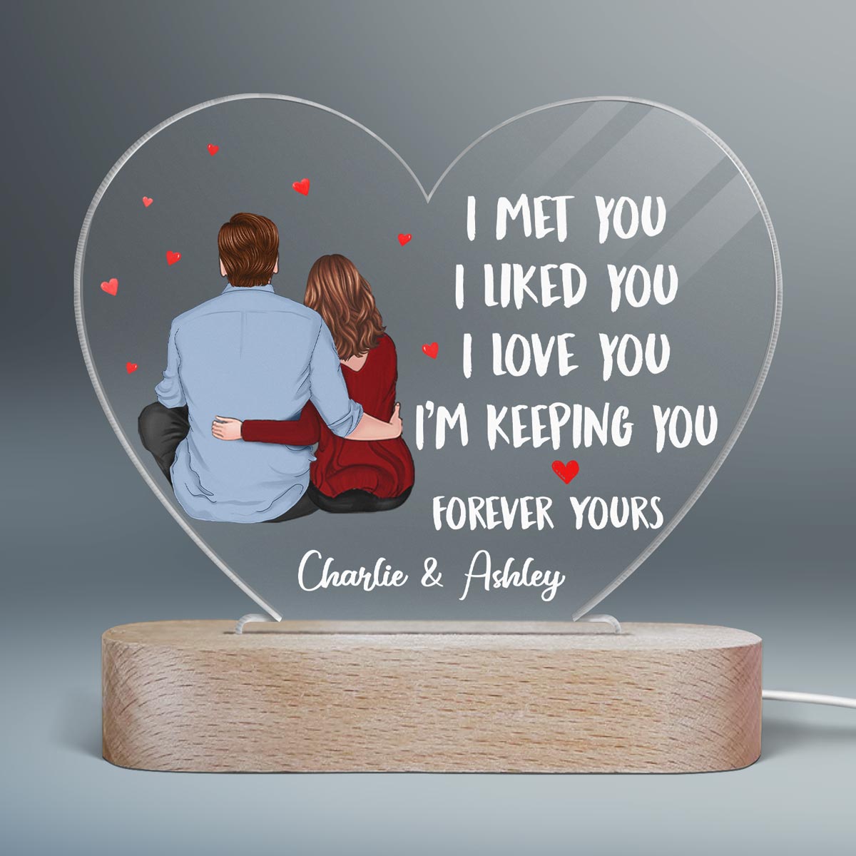 Back View Couple Sitting I Met You Like You Love You Gift For Him For Her Personalized Acrylic Heart Plaque LED Lamp Night Light