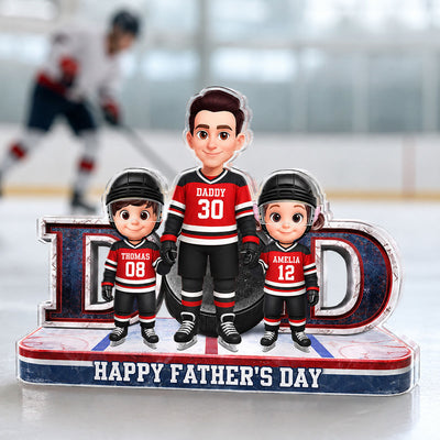 Hockey Dad And Kids Together Front View - Personalized Acrylic Block Plaque - Father's Day Gift For Dad, Husband
