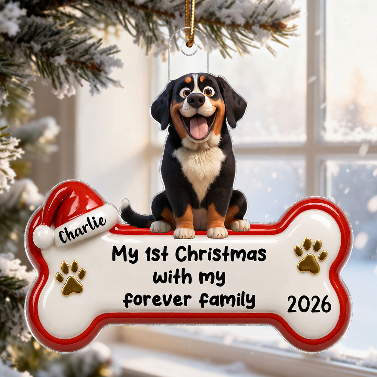 1st Christmas With Forever Family Cartoon Dog 3D Effect - Personalized Acrylic Ornament