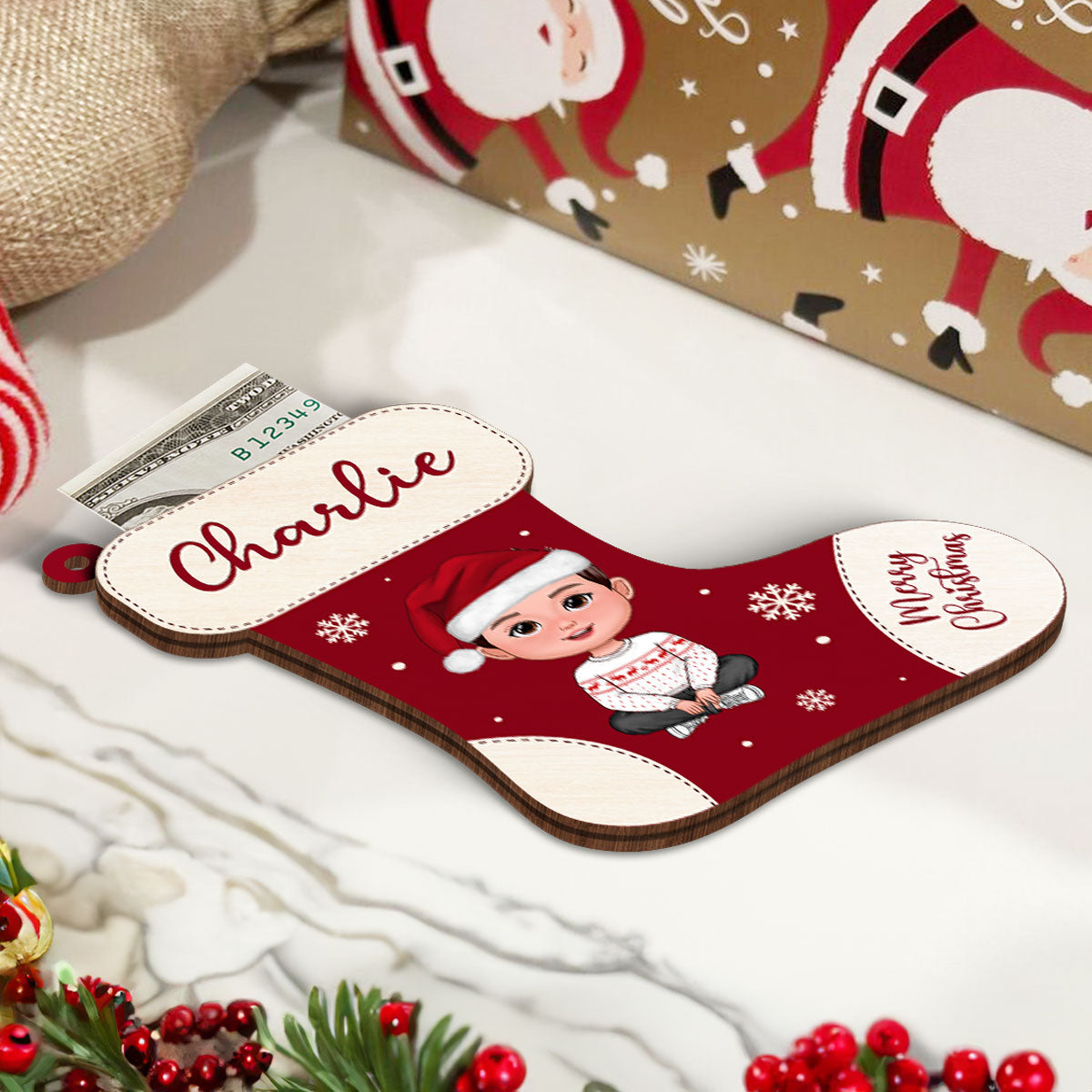 Christmas Stocking Cute Doll Kid Teenage Personalized Money Gift Card Holder Ornament, Unique Christmas Gift For Daughter, Son, Granddaughter, Grandson