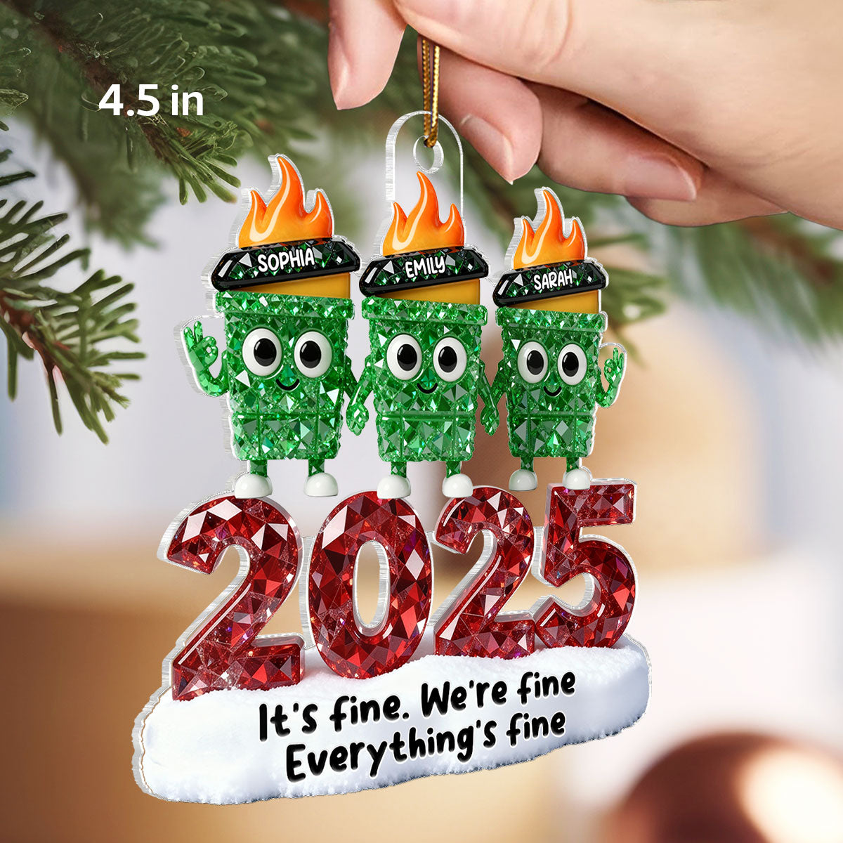 3D Crystal Effect Dumpster Fire It's Fine We're Fine - Personalized Acrylic Ornament - Funny Christmas Gift For Colleagues, Matching Group Ornaments