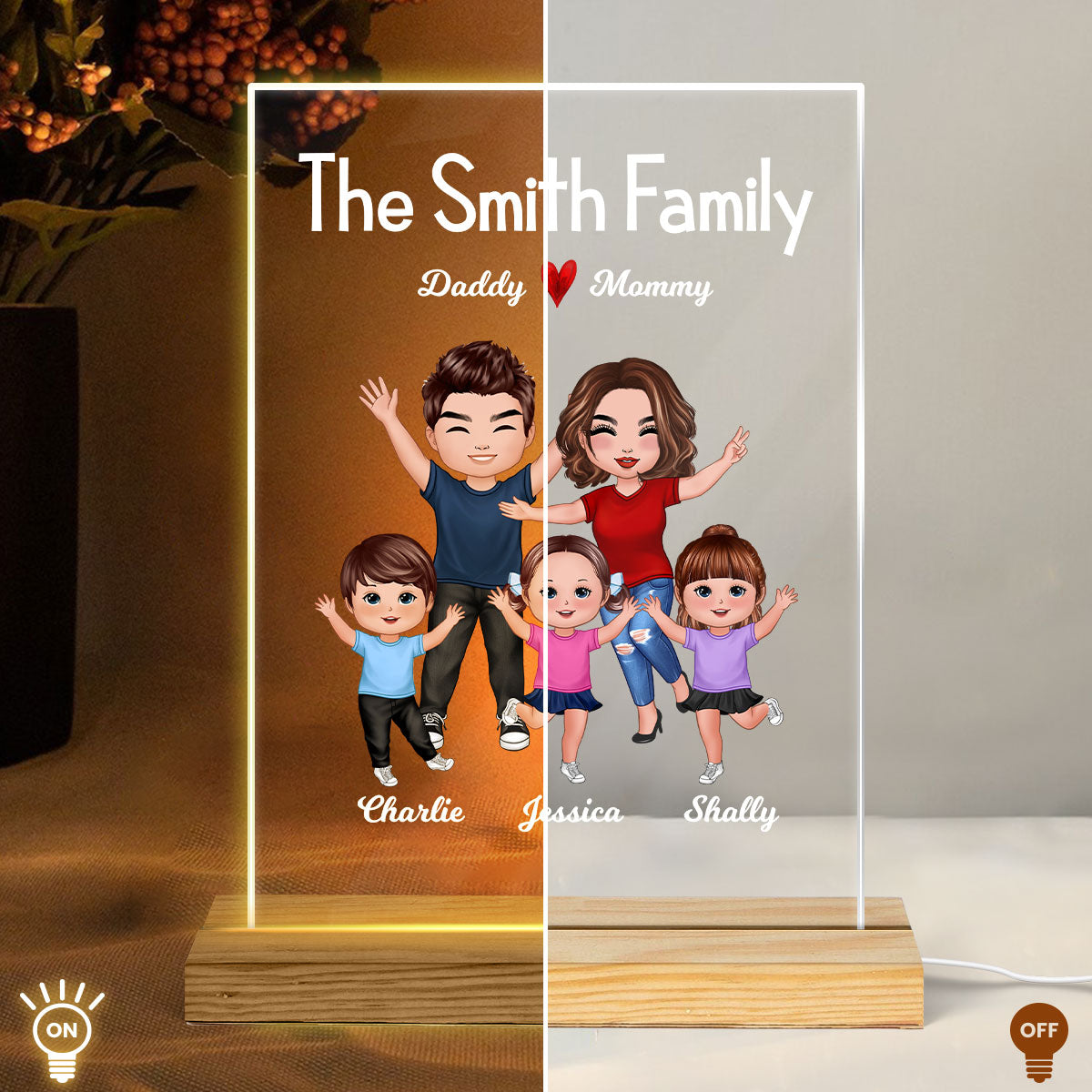 Happy Family Doll Couple Dad Mom Kids Dogs Cats - Personalized Acrylic Block Plaque LED Night Light