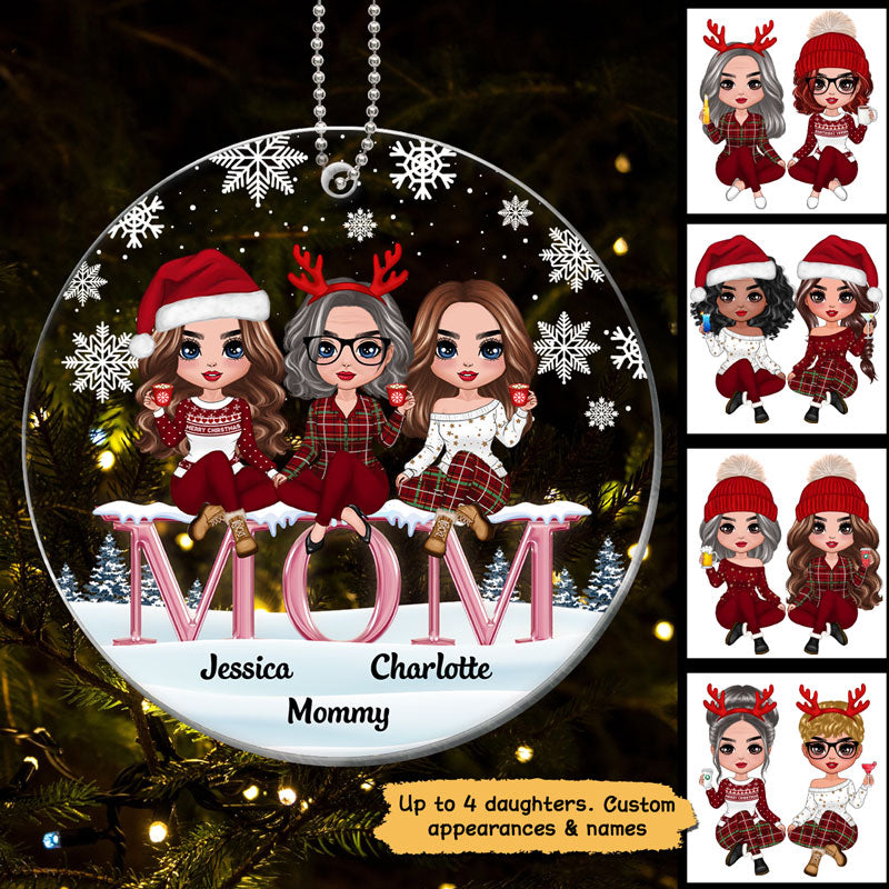 Doll Mom And Daughters Sitting On Word Personalized Acrylic Ornament